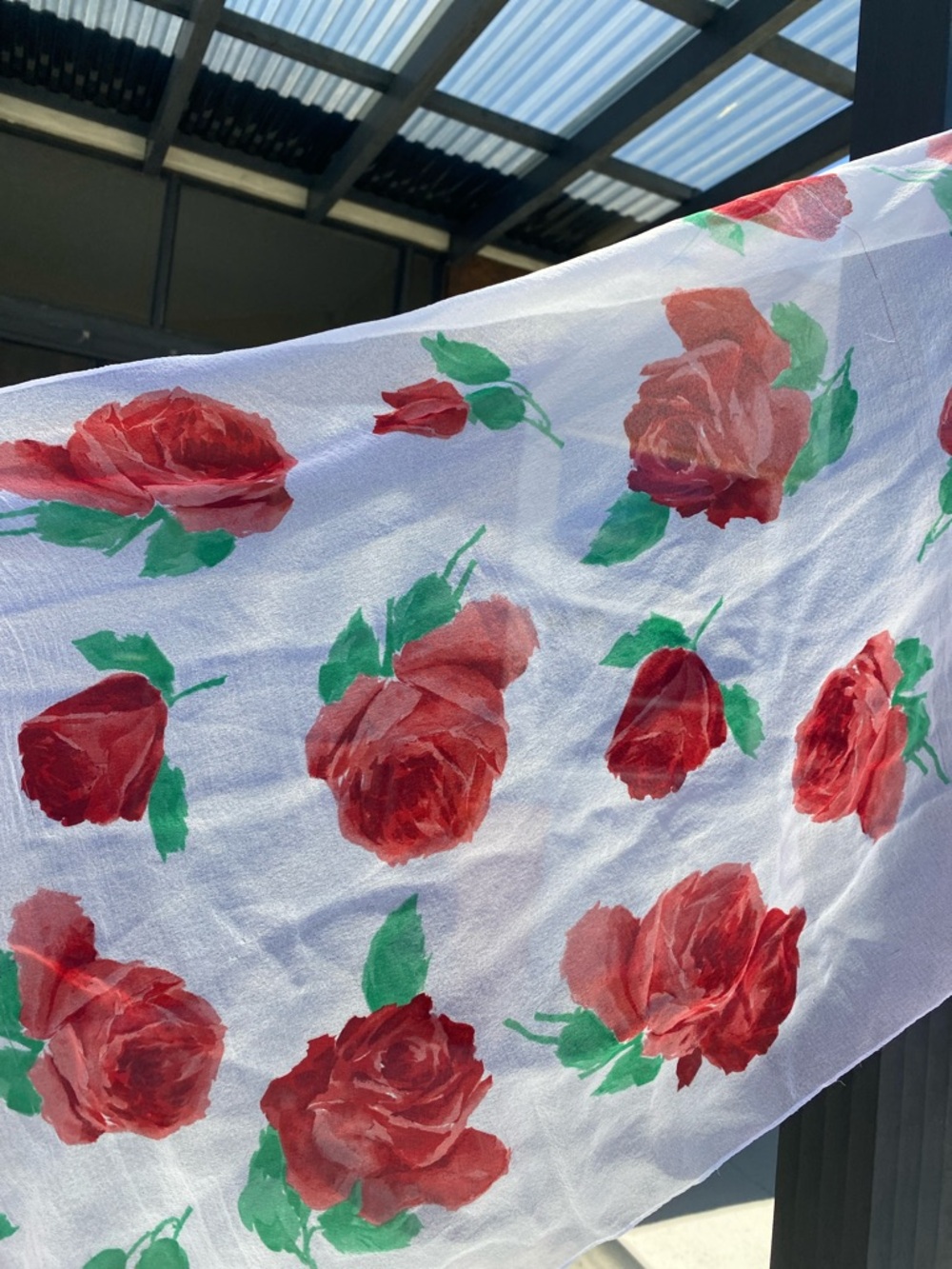 Diane Von Furstenberg White Sheer Scarf with Red and Green Floral Print